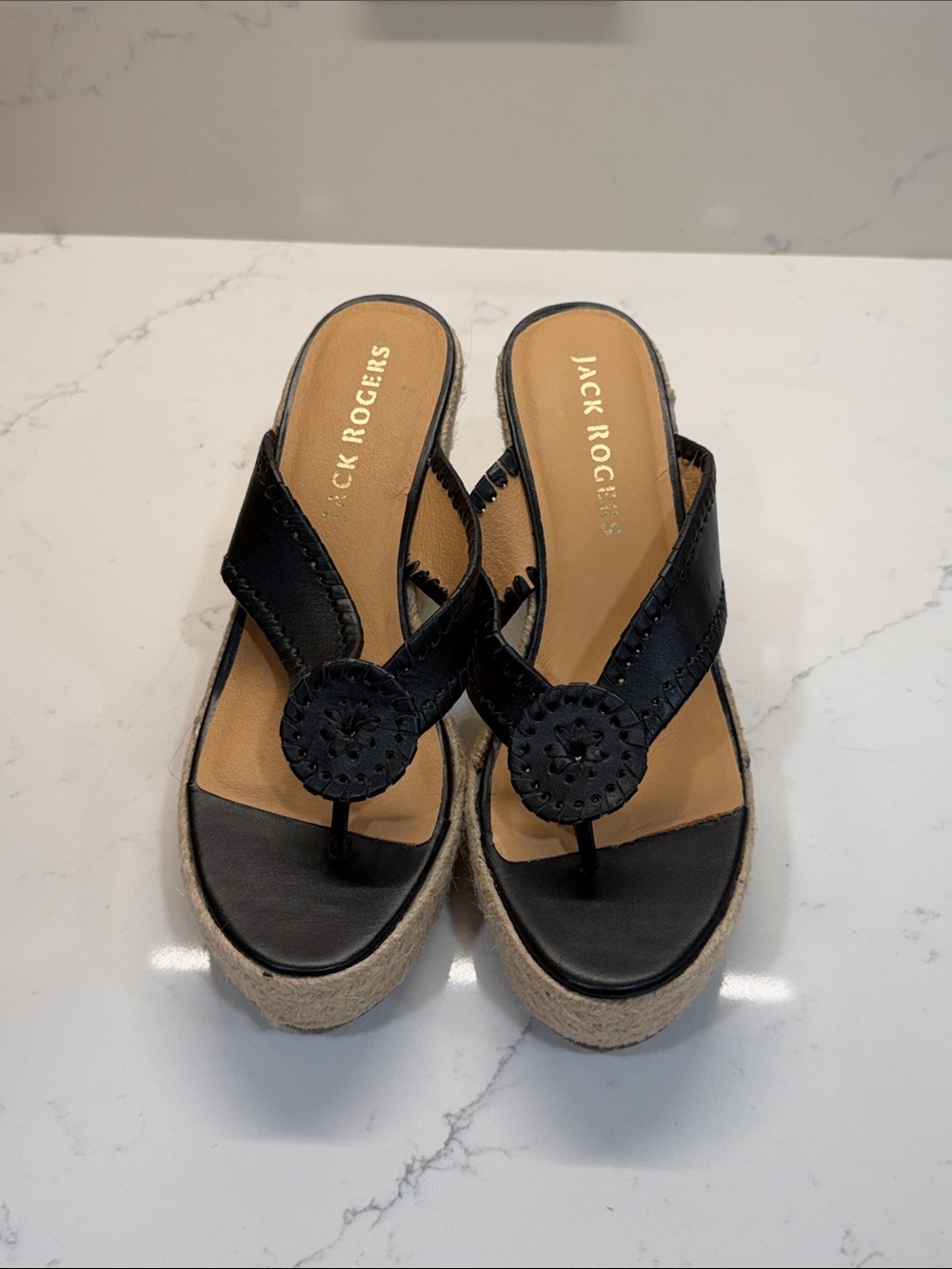 Jack Rogers Black Leather Platform Thong Sandals